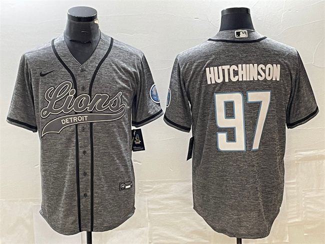 Men's Detroit Lions #97 Aidan Hutchinson Grey Cool Base Stitched Baseball Jersey Men's Detroit Lions #97 Aidan Hutchinson Grey Cool Base Stitched Baseball Jersey